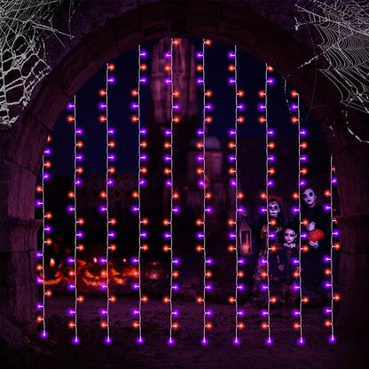 echosari Halloween Curtain Lights Battery Operated, 300 LED Purple Orange Fairy Curtain Lights 9.8Ft x 9.8Ft Hanging Lights with Remote Timer for Party Garden Yard Decor