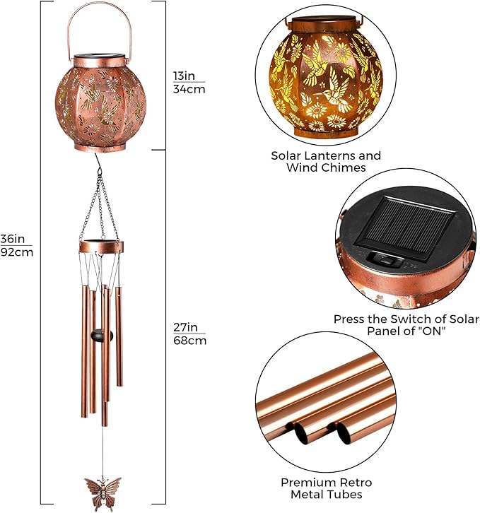 Christmas Hummingbird Lantern Wind Chime - Handcrafted Garden Art with Melodic Tones, Weather-Resistant Metal Wind Chime for Outdoor Patio, Porch, and Garden Decor, for Nature Lovers
