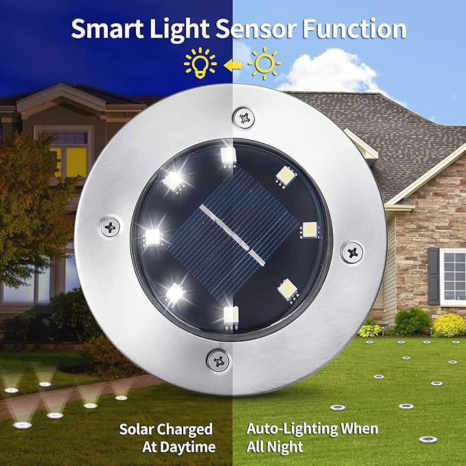 Aogist 12 Pack Solar Disk Lights - 8 LED In-Ground Outdoor Landscape Lights for Pathway, Yard, Walkway, Patio, Lawn Path (Cold White)