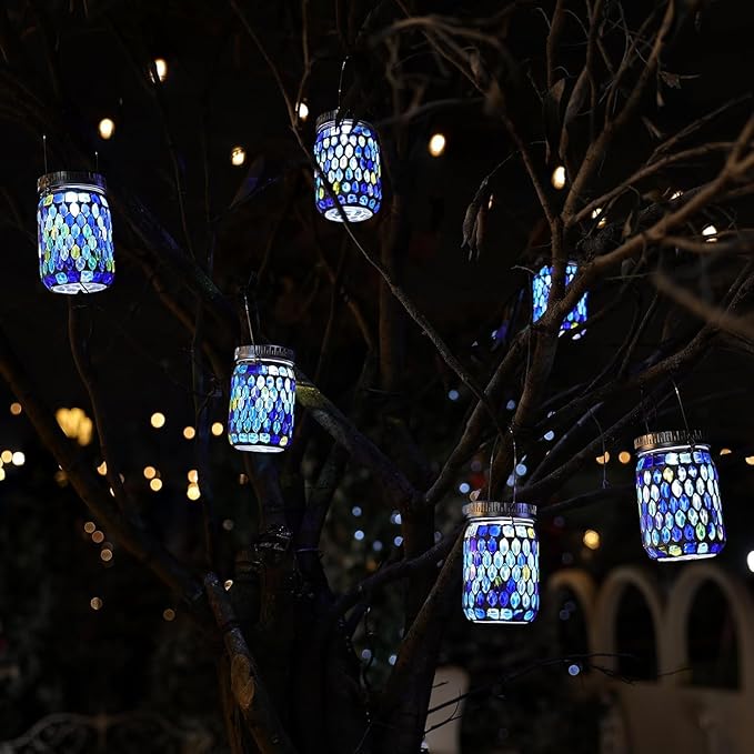 Cooo 4 Pack Mosaic Lanterns Outdoor Waterproof with 215% Larger Solar Panel, Never Rust Lids, True Capacity Battery- Solar Mason Mosaics Jar Lantern for Patio Garden Yard Balcony Christmas Decorations