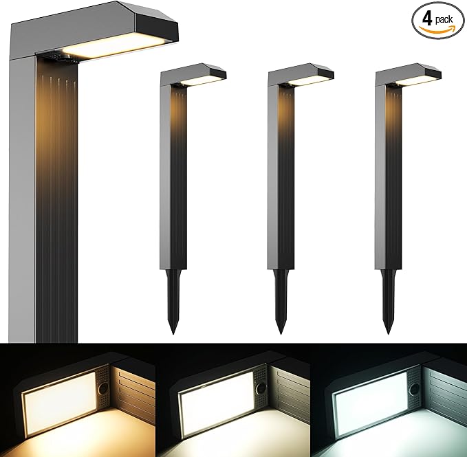 Solar Pathway Lights Outdoor 4 Pack, 3 Color in 1 Bright Landscape Lighting with Cool/Warm/Daylight White Modes, Auto On/Off, IP65 Waterproof for Yard Garden Patio Walkway Sidewalk Lawn Decor