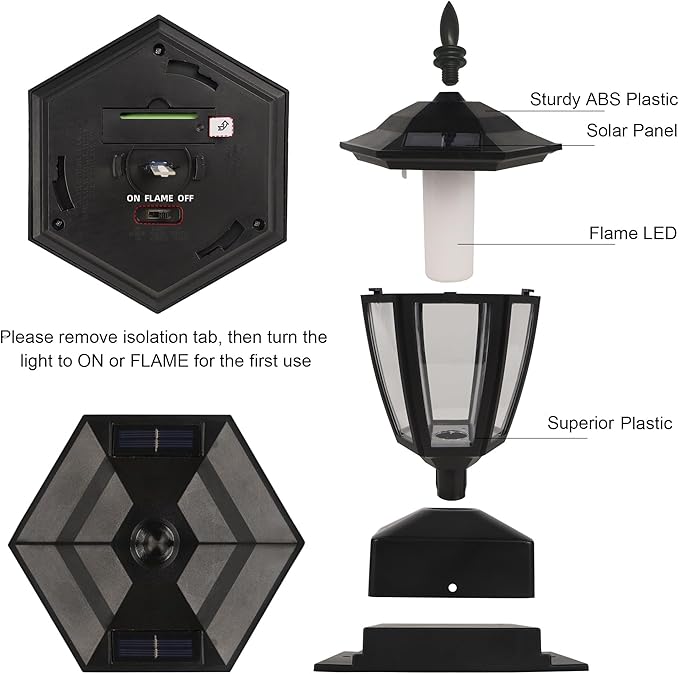 Dynaming Solar Flame Post Lights Outdoor, Solar Powered Lamps Fence Post Cap Lights, Flickering Flame LED Lantern Decorative Waterproof for Garden Deck Patio, Fit 4x4, 5x5 or 6x6 Wooden Posts, 4 Pack