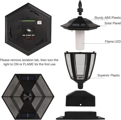 Dynaming Solar Flame Post Lights Outdoor, Solar Powered Lamps Fence Post Cap Lights, Flickering Flame LED Lantern Decorative Waterproof for Garden Deck Patio, Fit 4x4, 5x5 or 6x6 Wooden Posts, 2 Pack