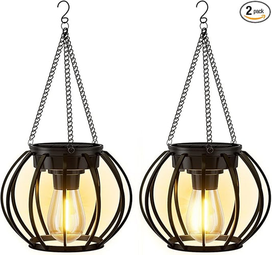 2 Pack Solar Lanterns Outdoor Waterproof, Upgraded Metal LED Lanterns, Warm Light, Auto On/Off, Brighter Hanging Solar Lantern for Yard Patio Pathway Porch Garden Decor (Pumpkin)