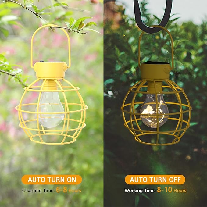 2 Pack Solar Lanterns Outdoor Hanging Lights, Metal Solar Lantern Outdoor Waterproof Auto On/Off Solar Light for Patio Backyard Pathway Porch, Yellow
