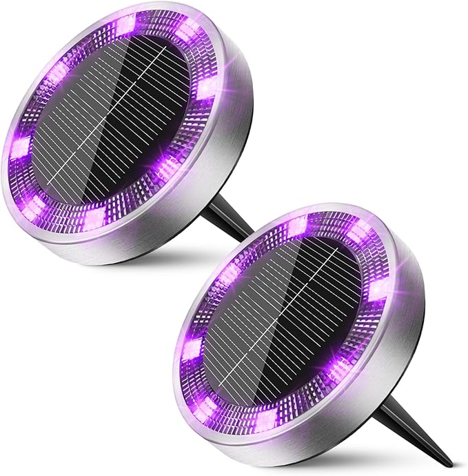 Peasur Solar Ground Lights Outdoor, 2 Pack Flat Solar Powered Disc Lights, IP68 Waterproof, Anti-Rust, Landscape Lighting for Pathway Garden Yard Lawn Walkway Landscape Driveway, Purple