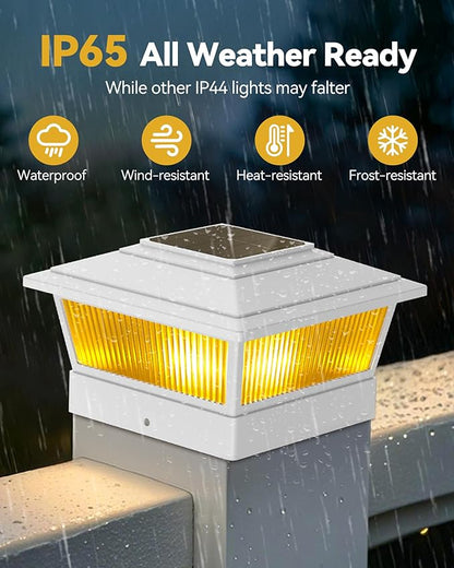 Solar Post Cap Lights Outdoor for 4x4 5x5 6x6 Wood/Vinyl Posts, 12 Pack Fence Post Solar Lights with Flickering Flame & Warm Modes for Deck/Garden/Patio, IP65 Waterproof - White