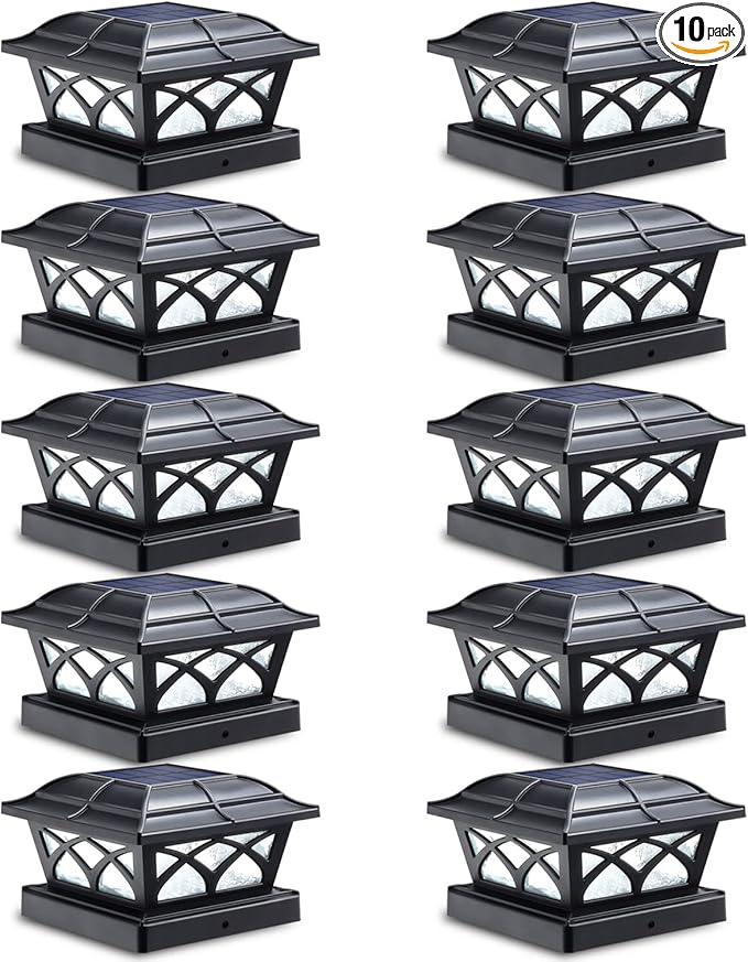 SIEDiNLAR Solar Post Cap Lights Outdoor Glass 2 Color Modes 8 LEDs for 4x4 5x5 6x6 Wooden Vinyl Posts Deck Fence Patio Decoration Warm White & Cool White Lighting Black (10 Pack)