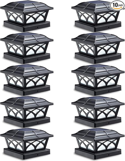 SIEDiNLAR Solar Post Cap Lights Outdoor Glass 2 Color Modes 8 LEDs for 4x4 5x5 6x6 Wooden Vinyl Posts Deck Fence Patio Decoration Warm White & Cool White Lighting Black (10 Pack)