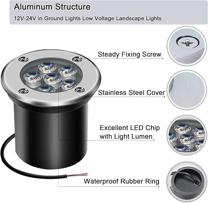 Low Voltage Landscape Light LED In-Ground Lighting with Connectors Well Lights Bright White Waterproof IP67 6W 12V 24V Outdoor Pathway Lights for Yard,Lawn,Patio,Walkway(Cool White)