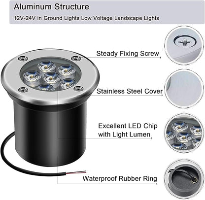 Low Voltage Landscape Light LED In-Ground Lighting with Connectors Well Lights Bright White Waterproof IP67 6W 12V 24V Outdoor Pathway Lights for Yard,Lawn,Patio,Walkway(Cool White)