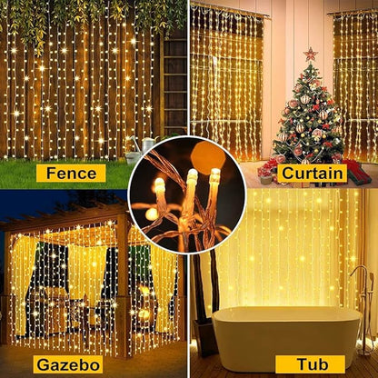 2 Pack Solar Curtain Lights Outdoor Garden Fairy String Lights 300 LED 8 Modes Remote Control Waterproof Solar Waterfall Lights for Gazebo Patio Party Festival Wedding Christmas Decorations(Warm)