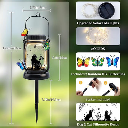 Dog Solar Lanterns Outdoor Garden Solar Dog Lights Dog & Cat Lover Gifts for Women Mom Grandma, Butterfly Fairy Lights Waterproof Hanging Mason Jar Lamps (Cat Kiss Butterfly)