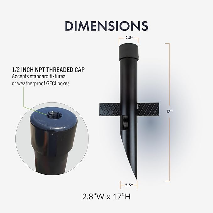 Newhouse Lighting MPOST17 2.5-Inch Outdoor Mounting Post with Cap and Stabilizing Wings for Landscape Flood Lights, Black, 17.63