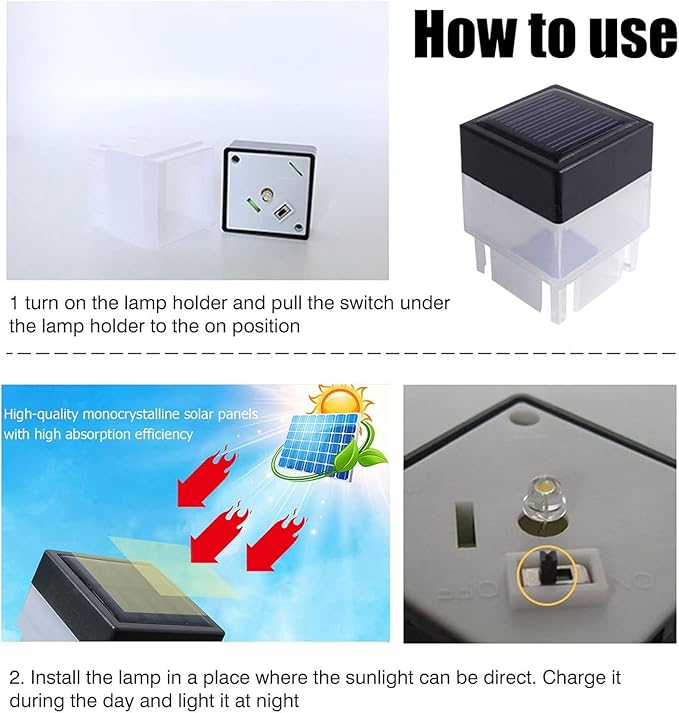 Solar LED Fence Post Cap Light 2x2 Inch (5x5cm) - for Wrought Iron, Aluminum & Garden Fences, Waterproof Outdoor Solar Lights(White Light) (4)