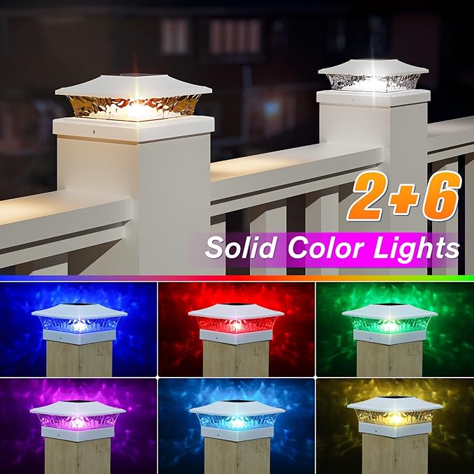 APONUO Solar Post Cap Lights with 8 RGB Solid Colors & Multicolor Flow - 4 Pack Fence Post Solar Lights, IP65 Waterproof - Fits 4x4 5x5 6x6 Wood & Vinyl Posts - White