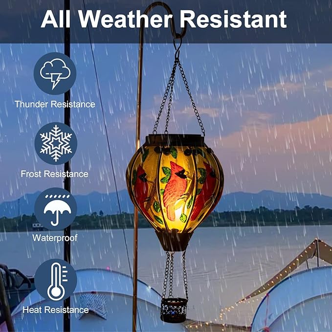 Larekook Cardinal Hot Air Balloon Solar Lantern Outdoor Waterproof,Solar Hot Air Balloon Lantern with Flame Flickering Hanging Garden Light for Patio Porch Yard Lawn,Cardinal Gifts for Women