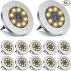 Solar Flat Disk Lights 12-Pack, Waterproof Walkway