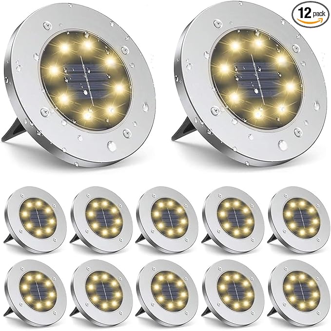 Solar Flat Disk Lights 12-Pack, Waterproof Walkway