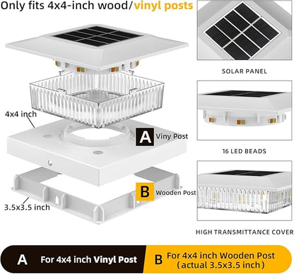 4x4 Solar Post Cap Lights 12 Pack, Fence Post Solar Lights with Warm White/Cool White, Only Fit 4x4 Wood/Vinyl Posts, Waterproof Outdoor Deck Post Light for Deck, Fence, Porch(White)