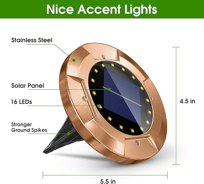 Biling Solar Ground Lights Outdoor 8 Pack, Bright 16 LEDs Solar Lights Outdoor Waterproof, Bronze Landscape Lights Solar Powered for Yard Garden Walkway Pathway Driveway (White)