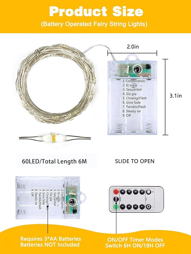 6 Pack 60LED Christmas Battery Operated Fairy Lights with Remote, 8 Modes String Lights with Timer, Dimmable, Memory Function, Waterproof Twinkle Lights for Outdoor Indoor Christmas Decor(Warm White)