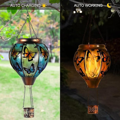 Larekook Butterfly Solar Hot Air Balloon Lantern with Flickering Flame,Glass Hot Air Balloon Solar Lanterns Outdoor Waterproof Hanging Light for Patio Porch Yard Garden Decor,Birthday Gifts for Women