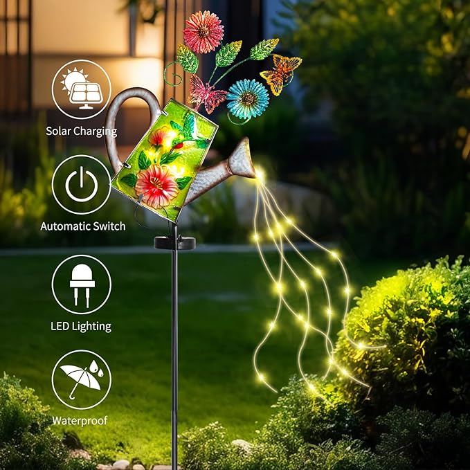 Bshine Solar Watering Can Light, Hummingbird Metal Solar Light, Waterproof Outdoor Garden Decor for Porch Path Lawn Yard Art, Gardening Gift for Women, Mom Birthday, Outdoor Valentine's Day Decor