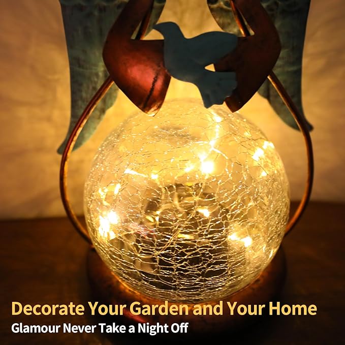 MUMTOP Angel Solar Lights Outdoor Garden - Solar Lanterns Light Decorative Waterproof with Glass Cracked Globe Tabletop Lantern Lamp Ornaments for Yard Patio Decor Gift (Hold Dove)