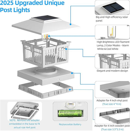EXCMARK 2 Pack 4x4 Solar Post Cap Lights Fence Deck Post Lights Outdoor Solar Powered Waterproof with Two Light Modes Warm&Cool White for Garden Patio Decor. (Classic White,2)