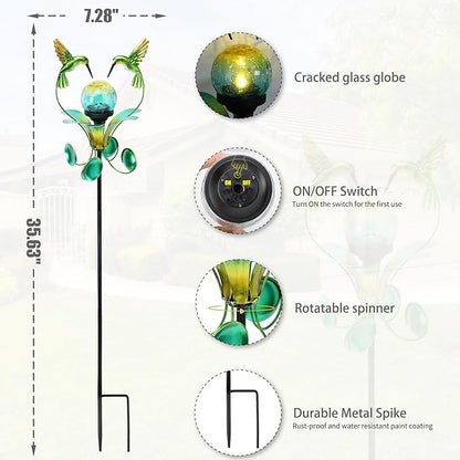 Solar Lights Outdoor Metal Garden Stake Waterproof Crackle Glass Globe Garden Decor Green Hummingbird for Pathway, Lawn, Patio, Yard