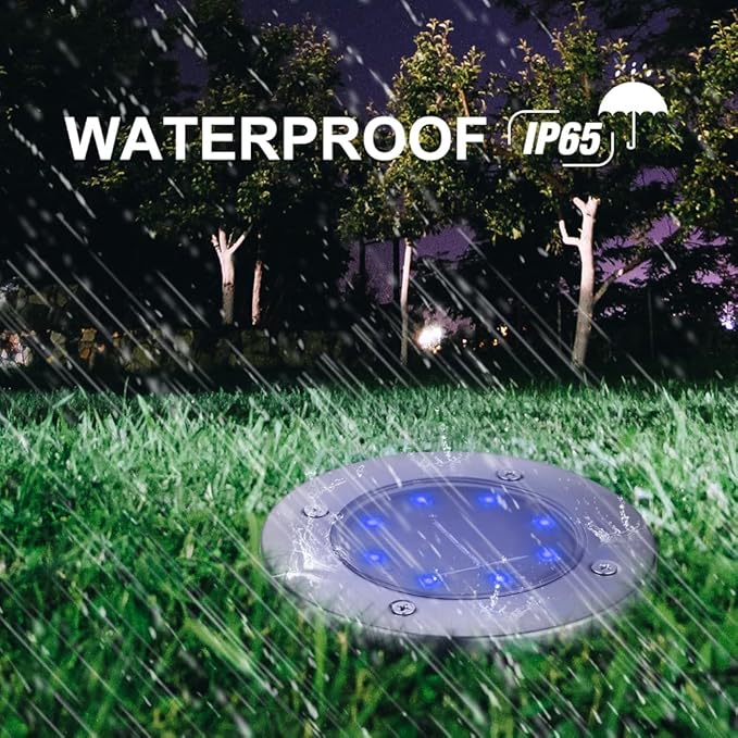 8-Pack Solar Ground Disk Lights, Blue Waterproof LED