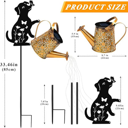 Christma Gifts Solar Lights Outdoor Decorative, Watering Can with Cascading Lights, with Dog Silhouette Garden Stakes, Gifts for Mom Women, Waterproof Metal Garden Decor for Yard Art, Outside(1 Pack)