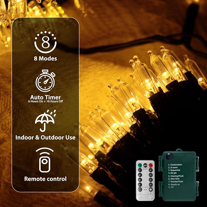Battery Operated Christmas Lights, 33Ft 100 LED Warm White String Lights with Auto Timer & 8 Modes, Shatterproof Waterproof for Outdoor Indoor Wedding Party Home, Green Wire