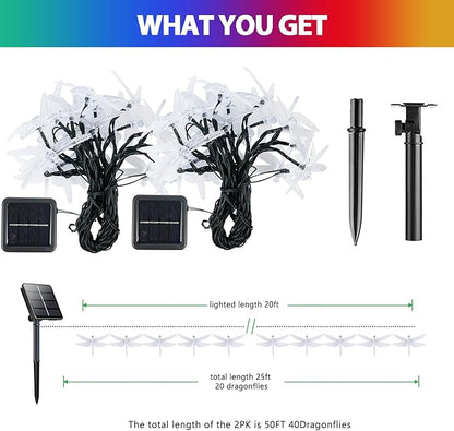 OZS 2PK 40LED 50FT Dragonfly Solar Lights Outdoor Waterproof, Multicolor Solar Fairy Lights with 8 Lighting Modes, Garden Decor for Outside, Pathway Lights for Fence, Patio, Yard
