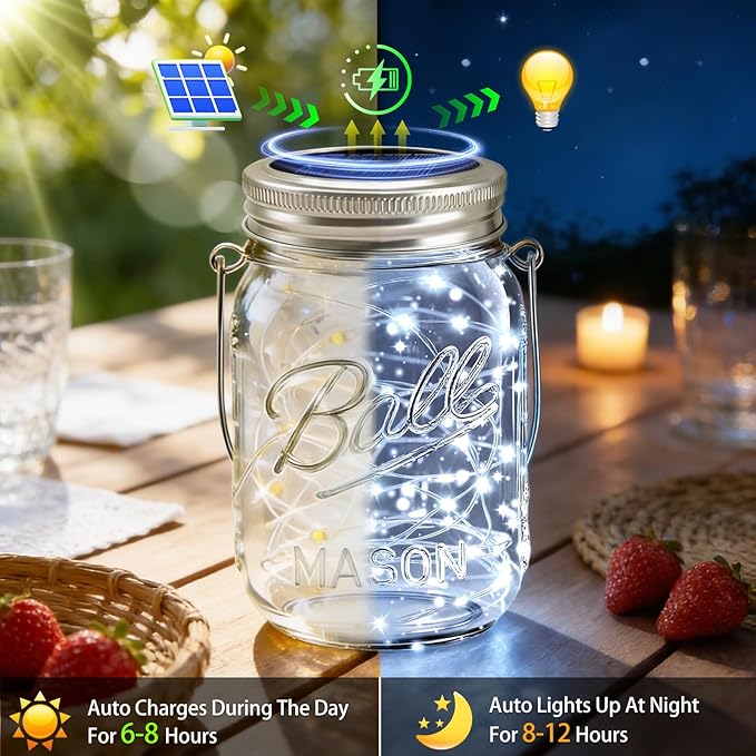 VOOKRY 6 Pack Solar Mason Jar Lights, 30 LED Mason Jar Lids Waterproof Firefly Fairy String Lights with 6 Hangers(No Jars), for Outdoor Patio Garden Yard Lawn Party Wedding Decoration - Cool White