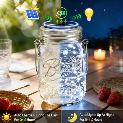VOOKRY 6 Pack Solar Mason Jar Lights, 30 LED Mason Jar Lids Waterproof Firefly Fairy String Lights with 6 Hangers(No Jars), for Outdoor Patio Garden Yard Lawn Party Wedding Decoration - Cool White