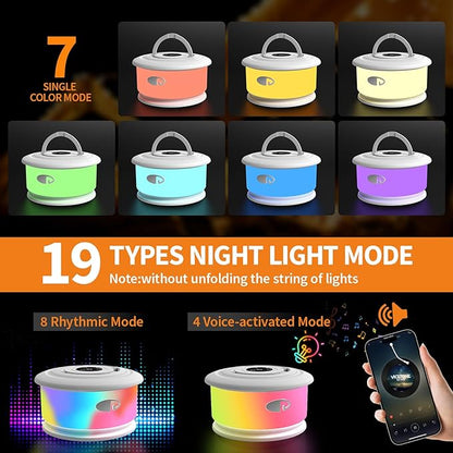 Camping String Lights, 3 in 1 Upgraded Retractable RGB Outdoor String Lights with 19 Lighting Modes, Quick 30s Recovery, 32.8 FT Portable Tent Lights, Rechargeable Camping Lantern (White)