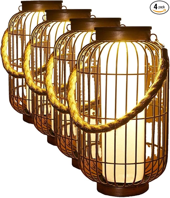 pearlstar Large Solar Powered Lantern Outdoor-Heavy Duty Metal Hanging Lights Decorative Solar Table Lamp Waterproof for Outside Patio Yard Garden Porch Tabletop Decor (Copper) (Pack of 4)