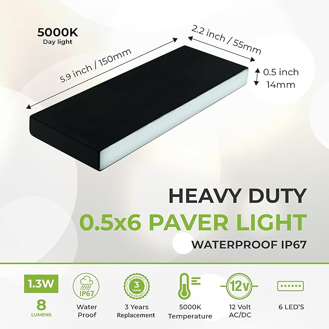 LUMENGY Paver Light Slim 0.5x6 Inch Glare-Free 5000K Daylight Brick Lighting for Pavers, Walls, Driveway, Pathway & Garden, 12V Waterproof, Drive-Over Rated V2
