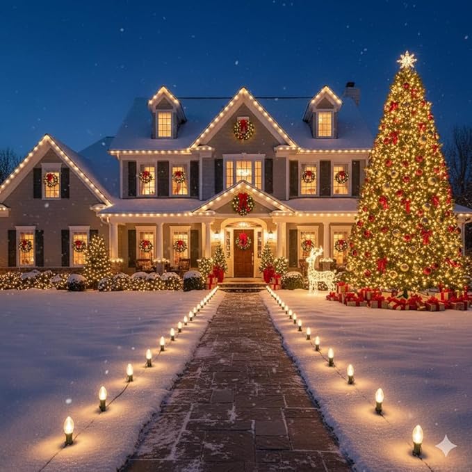 C9 LED Christmas Pathway Lights, 38FT Outdoor Warm White Pathway Markers Lights with 25 Stakes, Connectable Waterproof Outside Christmas Decorations for Xmas Party Decor Patio Yard Lawn, Garden