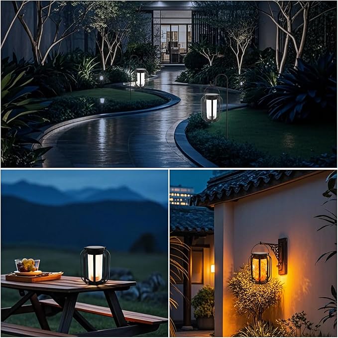 Solar Lanterns Outdoor Waterproof , Flickering Flame Garden Lights with 2 Modes Dual Charging USB & Solar, Outdoor Waterproof Hanging Lantern for Halloween Party Holiday Decor