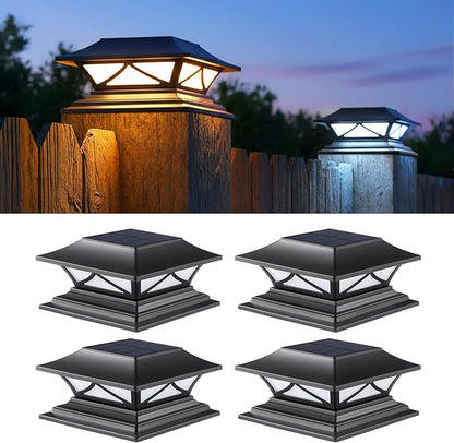 PASAMIC 4 Pack Solar Post Cap Lights, Waterproof Outdoor Lights for 4x4 5x5 6x6 Wood Posts, Fence Post Solar Lights with 2 Color Modes for Garden, Deck, Patio, Porch, Fence