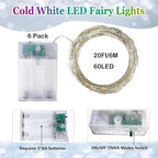 6-Pack 60 LED Christmas Twinkle Lights, 20ft Waterproof for Backyard