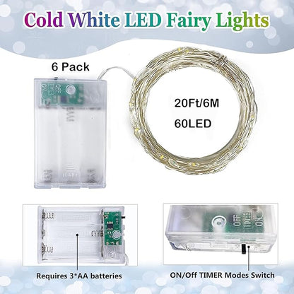 6 Pack Christmas Fairy Lights Battery Operated with Timer, Each 20FT 60LED String Lights Outdoor Indoor, Cuttable Battery Twinkle Light for Bedroom Home Wedding DIY Christmas Decorations (Cool White)