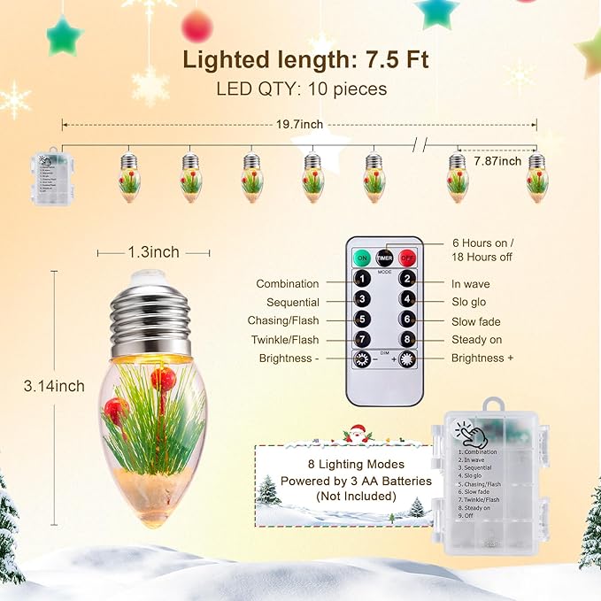 5ft Christmas LED String Lights, Waterproof Timer Lights
