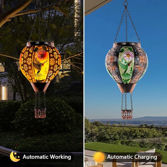 DREAMSOUL Hummingbird Hot Air Balloon Solar Lantern, Metal & Glass Flickering Flame Light Solar Lantern, Hanging Waterproof Solar Lanterns Outdoor for Garden Patio Tree Decoration