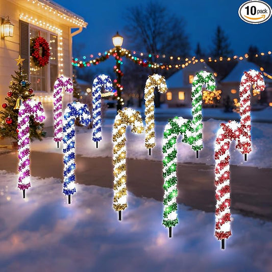 10 Pcs Christmas Candy Cane Lights 21'' Multicolor Candy Cane Pathway Light with 8 Lighting Modes Waterproof Christmas Pathway Lights with Stakes for Walkway Patio Yard Lawn Garden Decoration