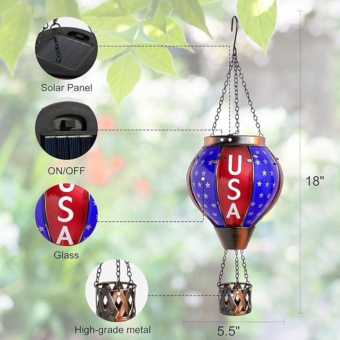 Larekook Solar Hot Air Balloon - Solar Lanterns Outdoor Hanging Waterproof for Garden Yard Patio Farmhouse Decoration，Stained Glass Flag Word