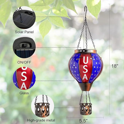 Larekook Solar Hot Air Balloon - Solar Lanterns Outdoor Hanging Waterproof for Garden Yard Patio Farmhouse Decoration，Stained Glass Flag Word